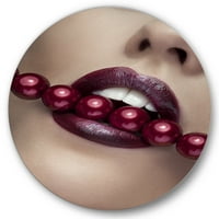 Designart 'Girl Bitting with Red Lips With Red Pearls' Modern Circle Metal Wall Art-disk of 29