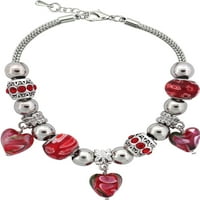 Silvertone Red Heart Charm i staklene perle narukvica sa Ekstenderom, 7.5