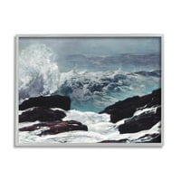 Stupell Industries Crashing Waves Ocean Rocks Cliffs Rough Waters Painting Grey Framered Art Print Wall Art,