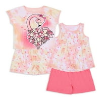 Wonder Nation Girls Flamingos Tank, T-Shirt & Sleep Shorts Pidžama Set, 4-Komad, Veličine 4 - & Plus