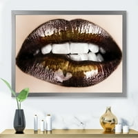 Designart' Gold Black Lips Grize ' Moderni Uokvireni Umjetnički Print