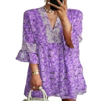 Uhndy Women's Laop Line Mini haljina Boho Style Cvjetni print V Slanje rukavske haljine za dame